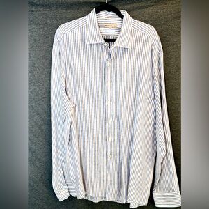 Blue and White Striped Linen Men's Shirt
